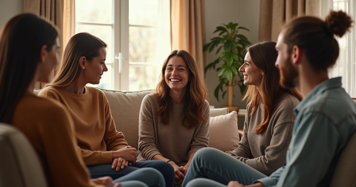 Grupo de três pessoas apoiando uma quarta pessoa que sorri, sentados em círculo 