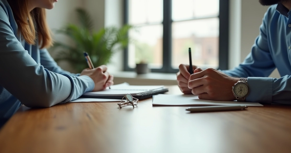 Empregado e empregador ajustando anotações de jornada de trabalho em uma mesa 