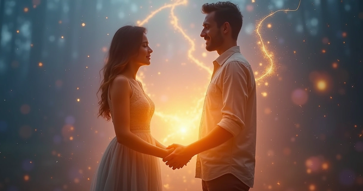 Casal de mãos dadas com energia luminosa fluindo entre eles em fundo azul escuro 