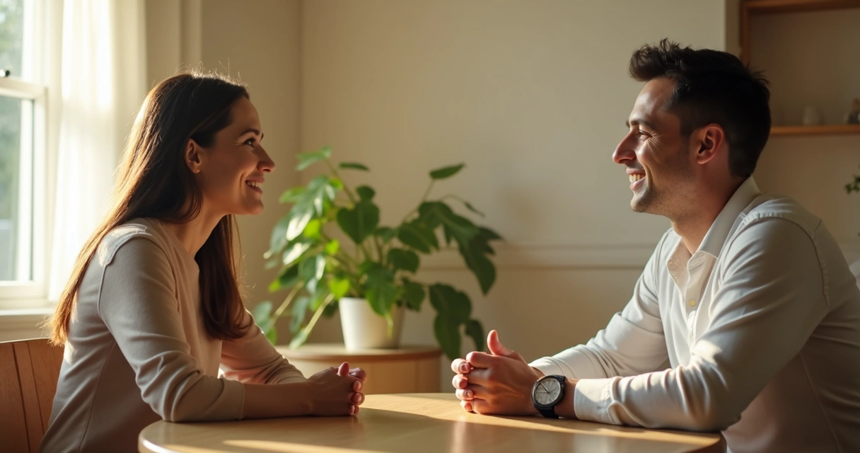 Duas pessoas sentadas frente a frente, conversando com serenidade e respeito 