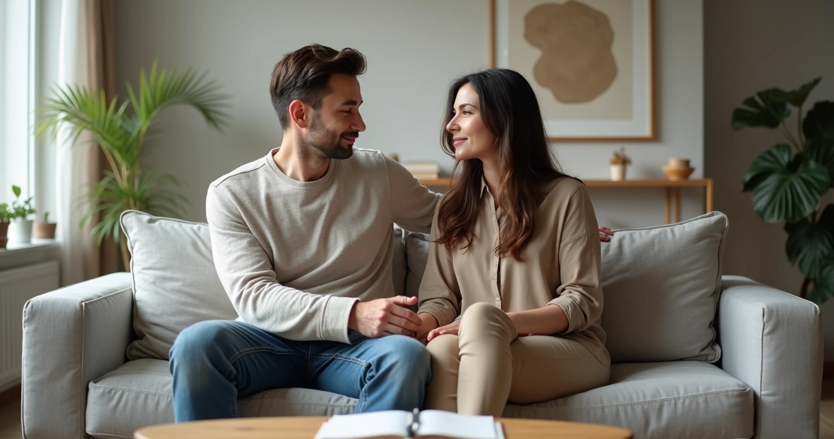 Casal sentado em sofá olhando um para o outro com expressão calma e segura 