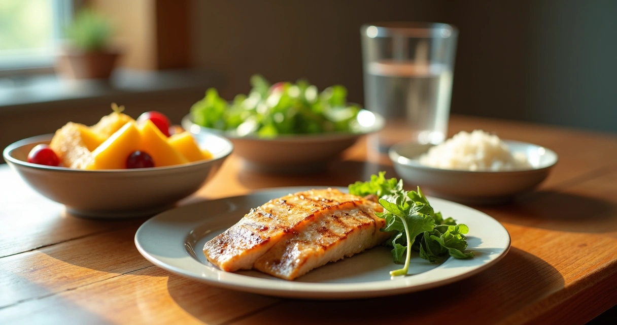 Mesa posta com pratos variados incluindo frutas, proteínas e salada 