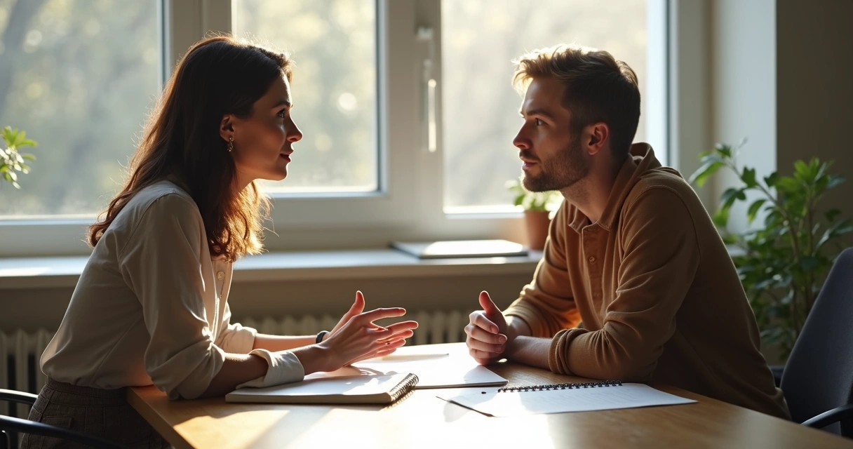 Duas pessoas conversando calmamente em uma mesa de trabalho, ambiente iluminado