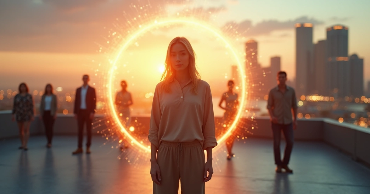 Pessoa em pé em meio a silhuetas conectadas por linhas, mantendo um círculo de luz em volta de si 