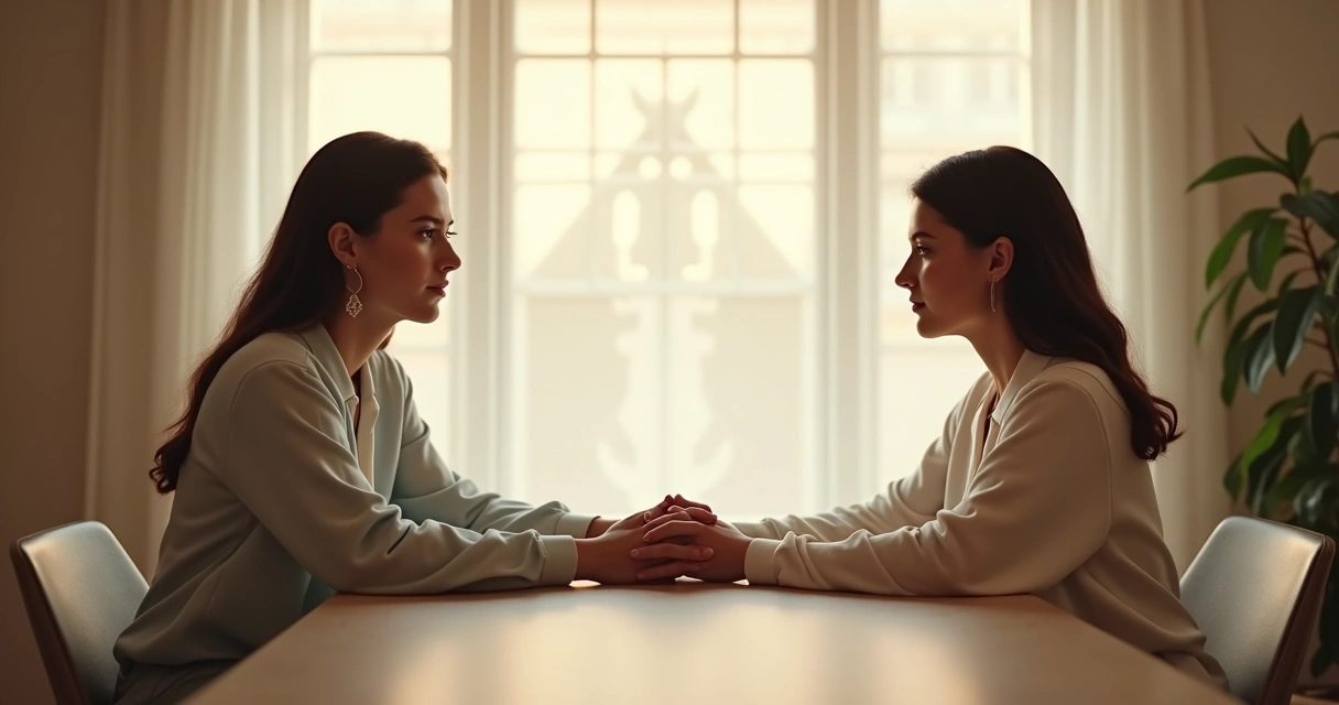 Duas pessoas de frente, refletindo a expressão uma da outra 