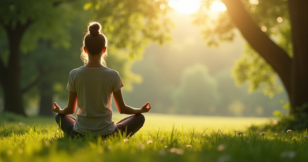 Pessoa sentada em posição de meditação em meio à natureza, cercada por árvores e luz suave.