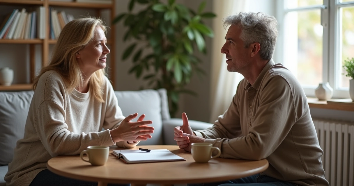 Duas pessoas em conversa respeitosa em ambiente tranquilo 