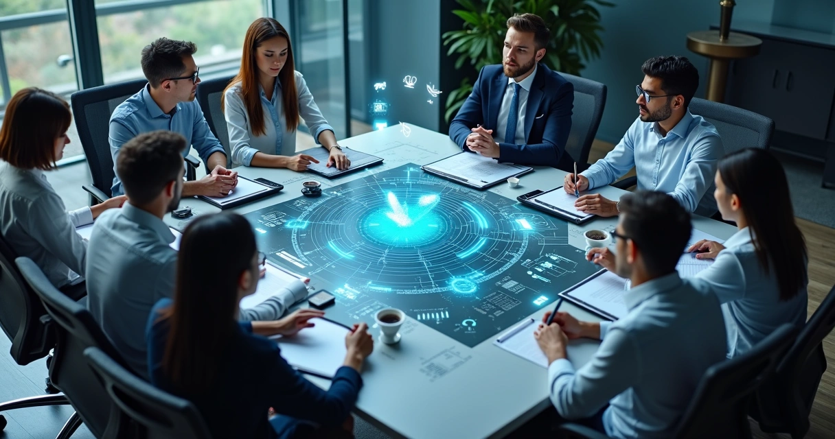 Representação de profissionais reunidos em uma mesa discutindo ideias, com elementos visuais de tecnologia e símbolos de ética ao redor 