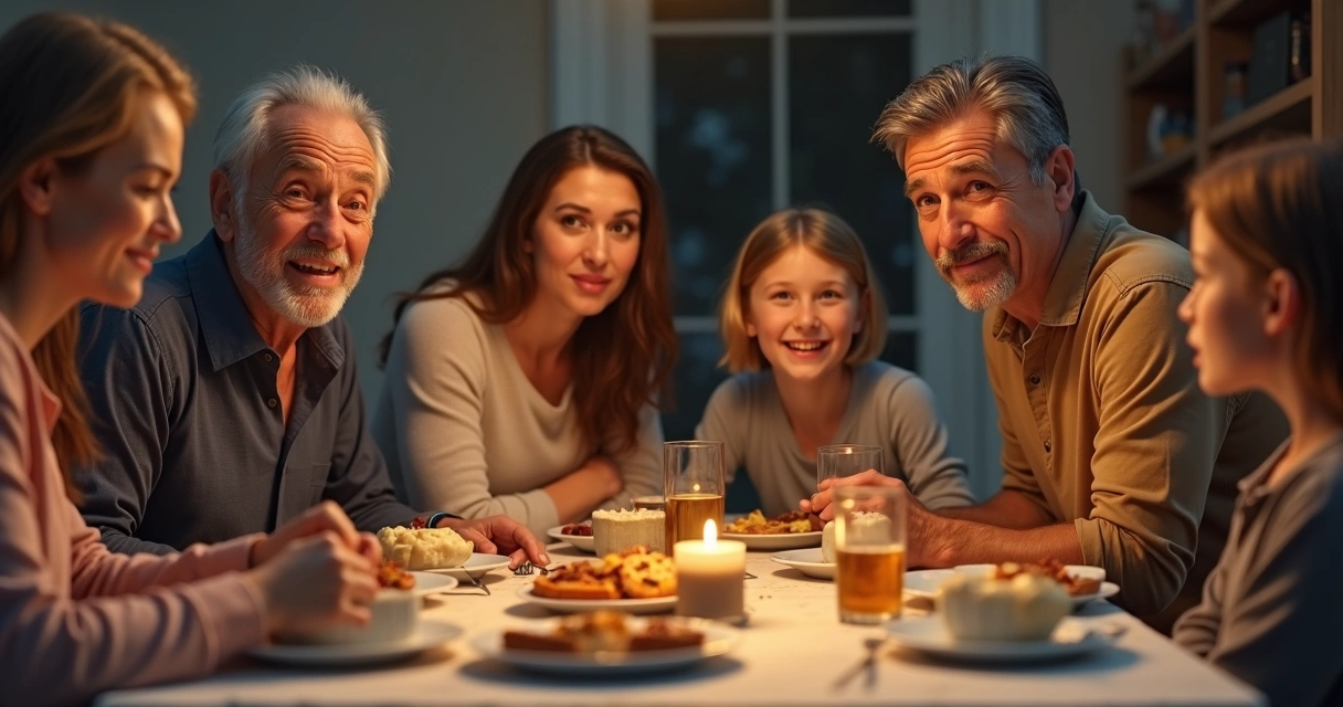 Família sentada à mesa de jantar demonstrando distintas emoções 