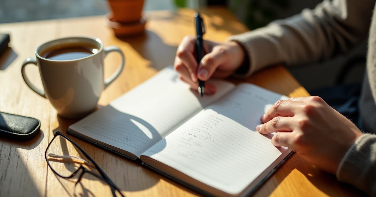 Pessoa refletindo sentada à mesa com caneca de café, anotando hábitos no caderno