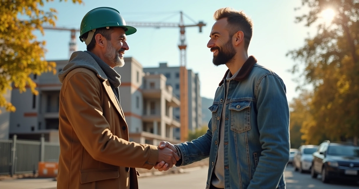 Vizinhos conversando cordialmente em frente a uma obra em andamento. 