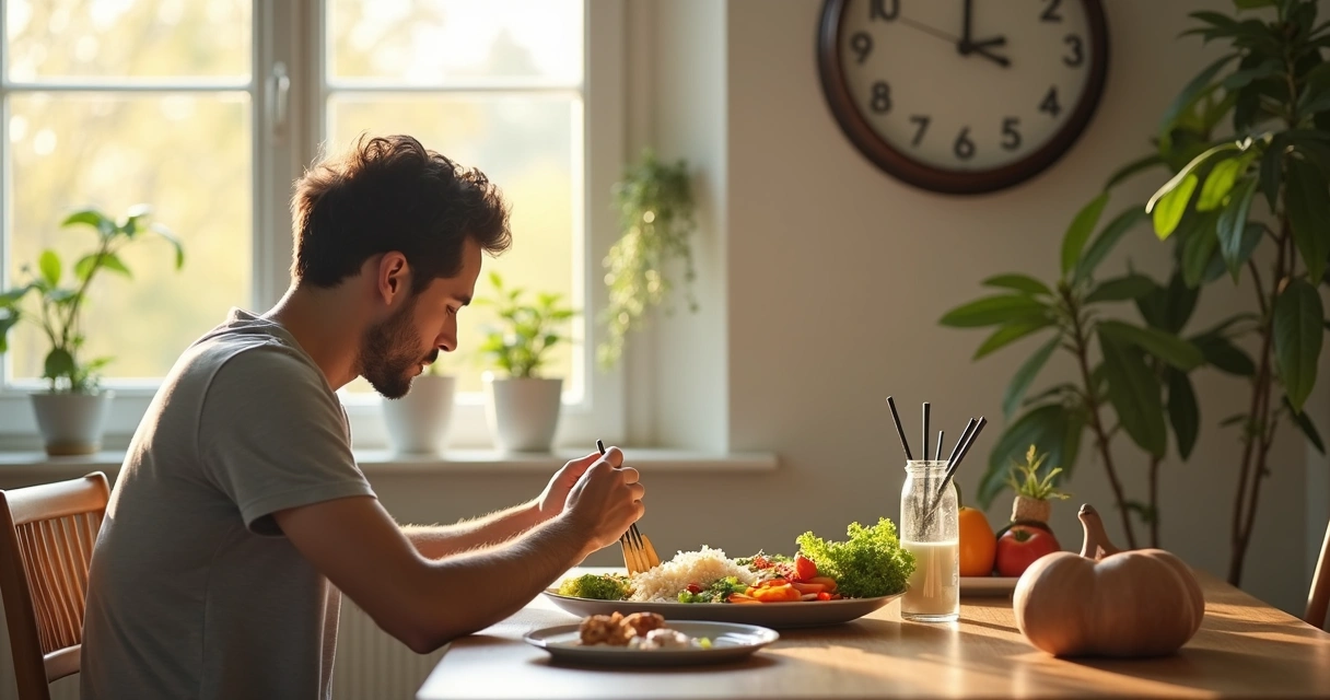 Pessoa olhando para um relógio enquanto faz uma refeição saudável na mesa 