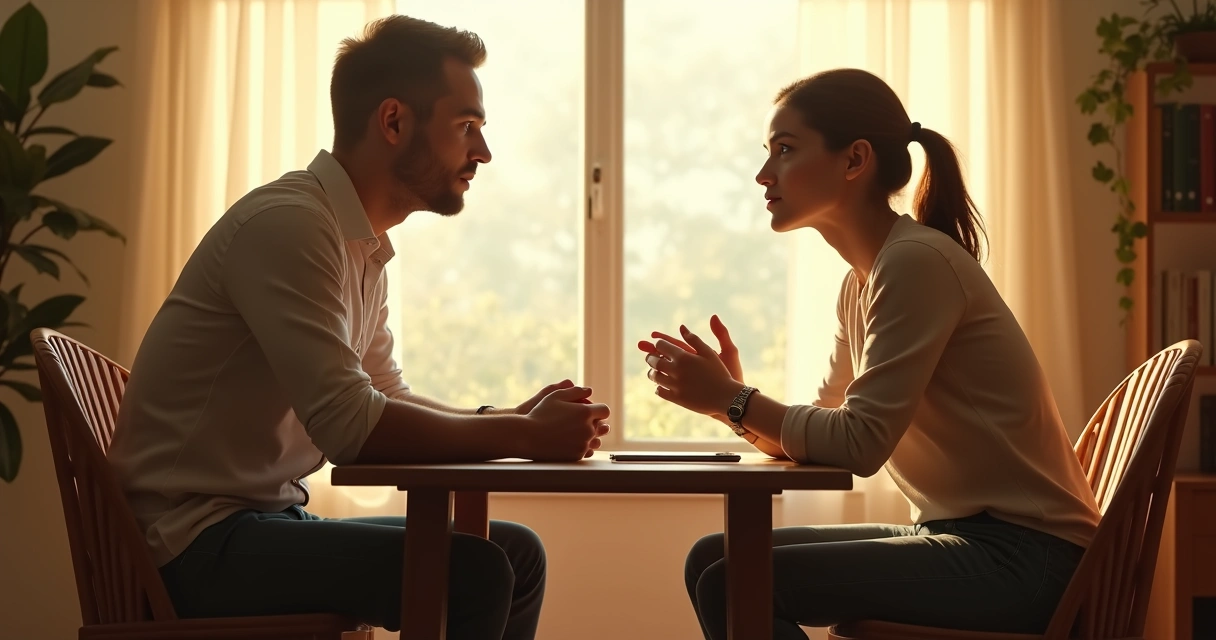 Duas pessoas sentadas frente a frente em silêncio em um ambiente tranquilo 