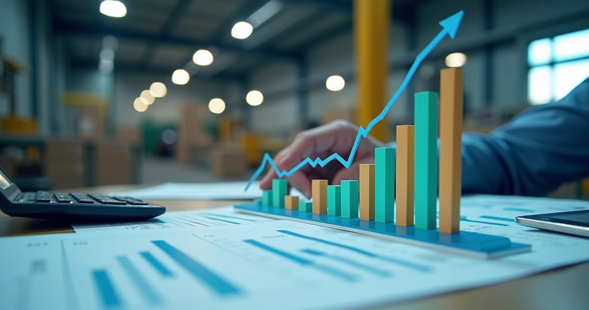 Gráfico de barras e linhas mostrando indicadores financeiros sobrepostos a uma fábrica 