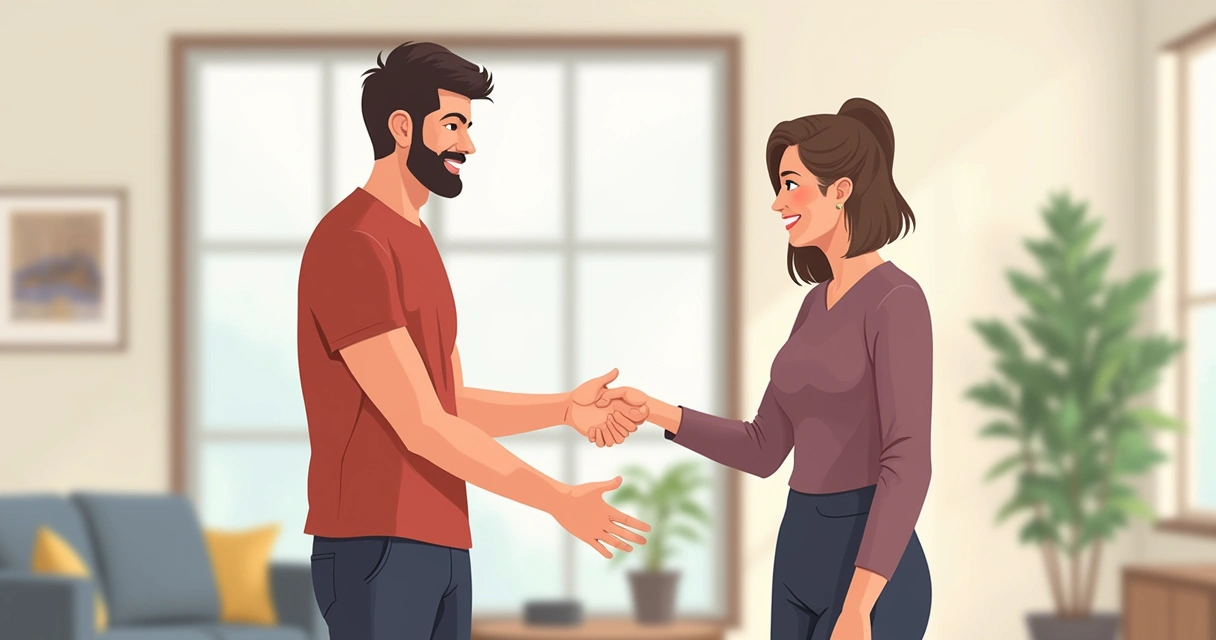 Inquilino e proprietário apertando as mãos dentro de apartamento