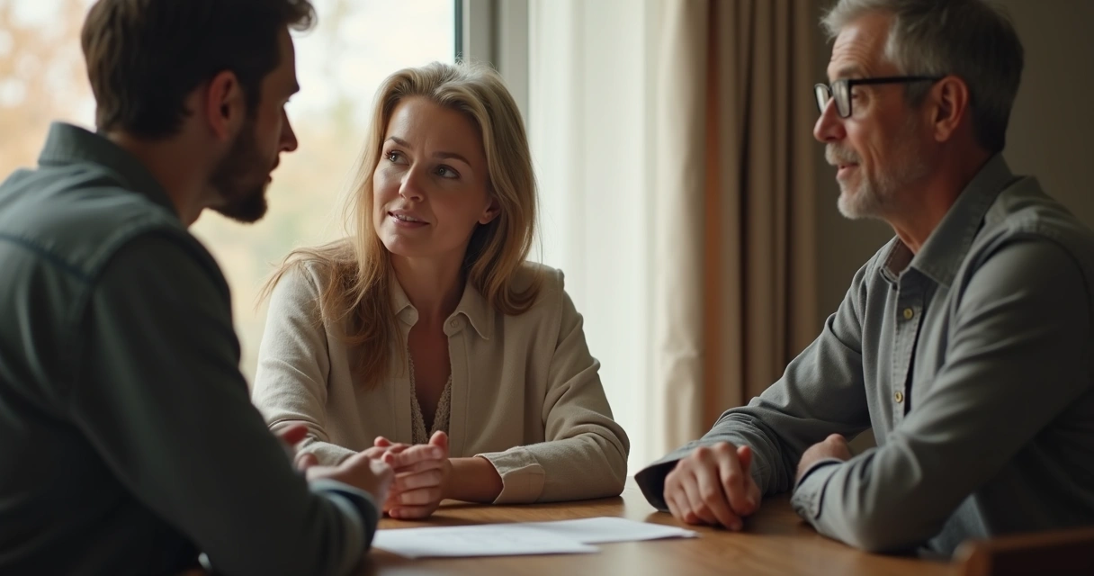 Duas pessoas conversando sentadas em uma mesa, uma aparentando serenidade e outra escutando atentamente 