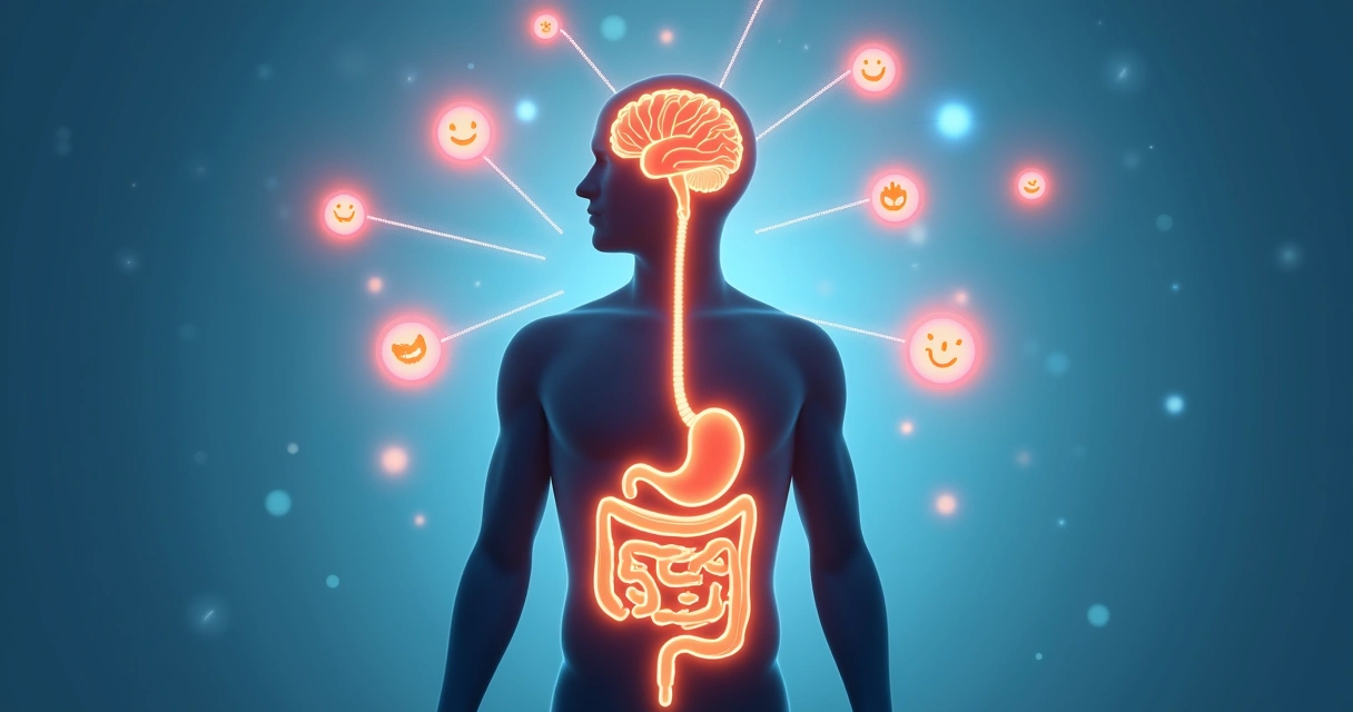 Ilustração do cérebro conectado ao intestino com símbolos de bem-estar 