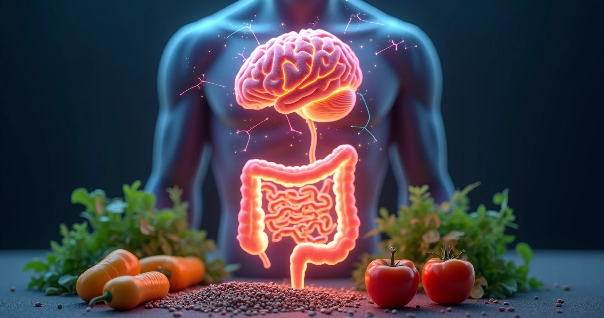 Ilustração mostrando conexão simbólica entre cérebro humano e intestino, cores suaves. 