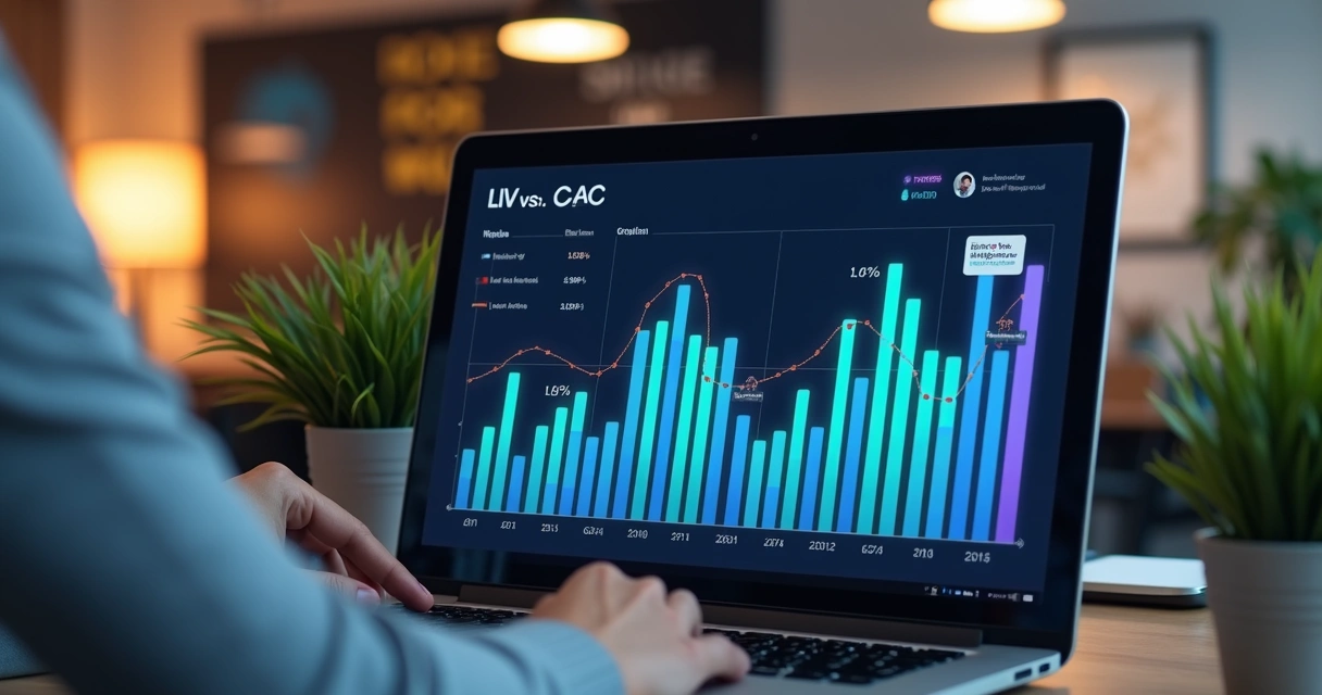 Gráfico comparando LTV e CAC em painel digital de agência 