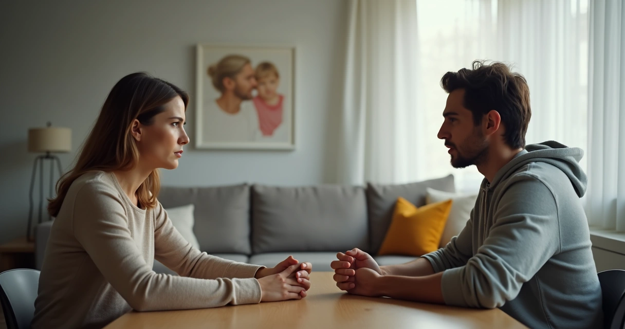 Dois adultos sentados à mesa, um parece seguro e confiante, o outro desconfortável, com expressões corporais fechadas. 