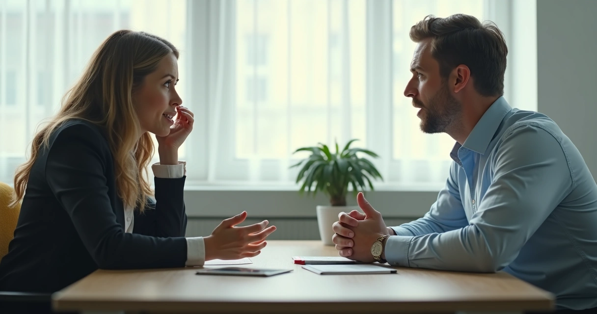 Duas pessoas em conversa, uma delas com expressão de dúvida, ambiente de escritório iluminado