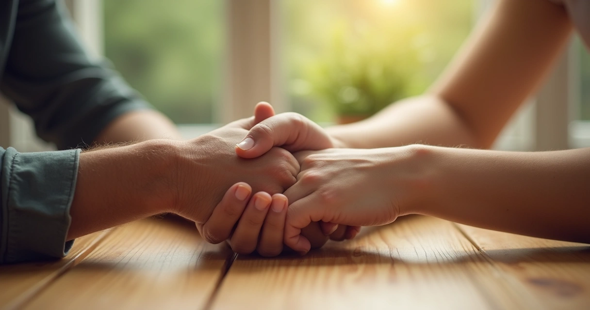 Duas mãos adultas sobrepostas, representando vínculo emocional saudável 