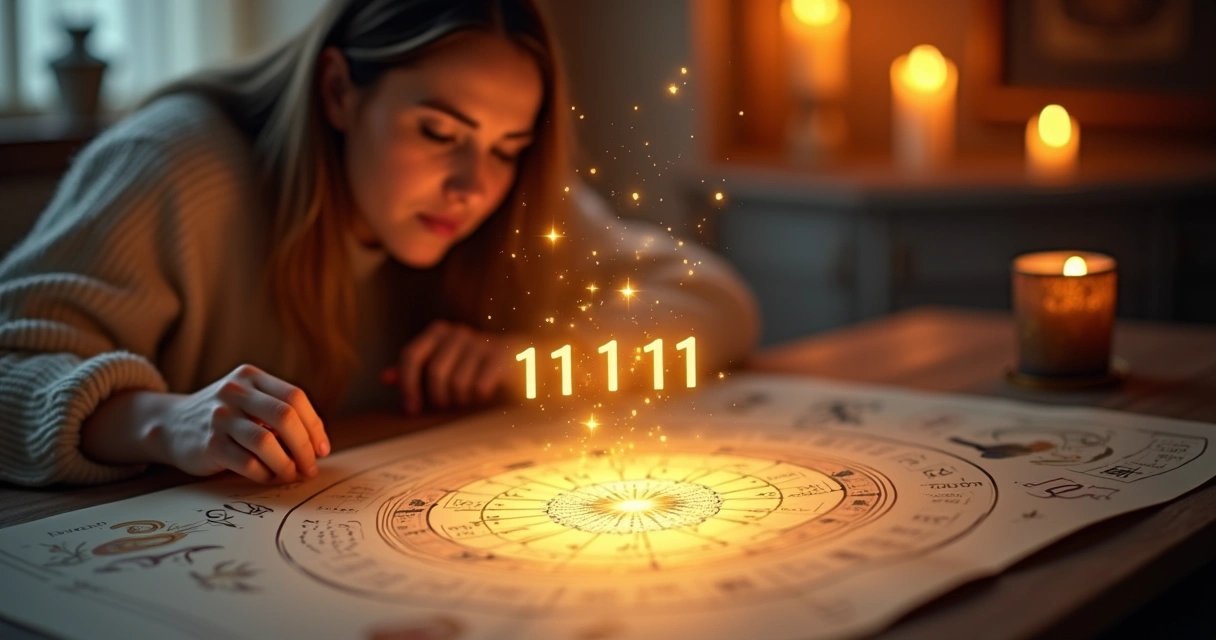 Pessoa analisando mapa astral com ponte de luz simbolizando portal 11:11 
