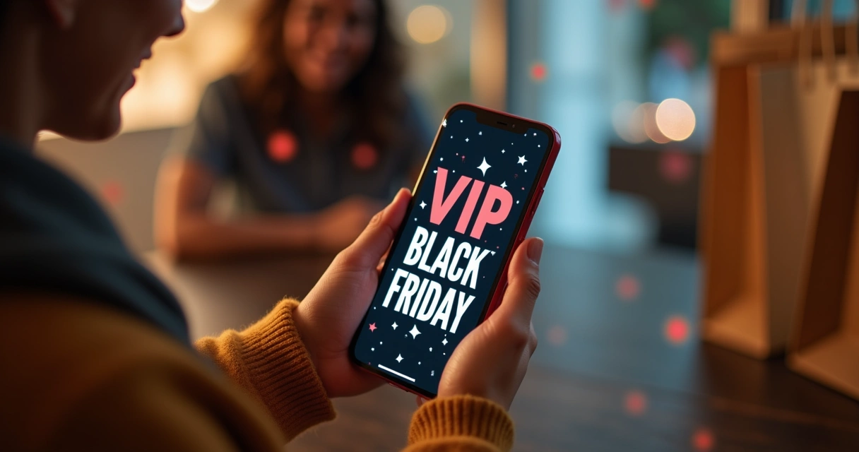 Cliente feliz recebendo mensagem VIP Black Friday 