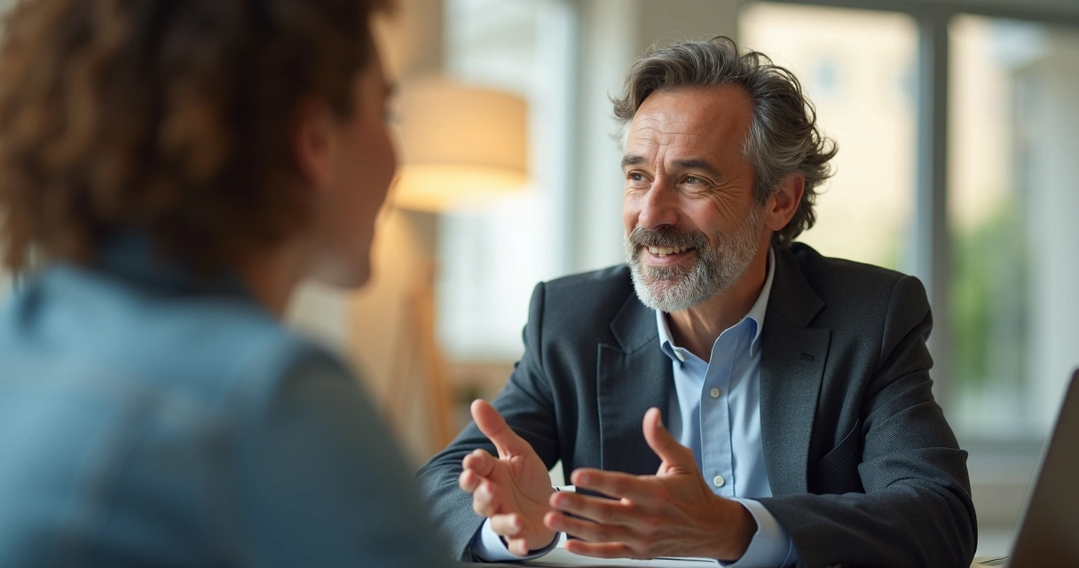 Mentor escutando mentorado em conversa próxima 