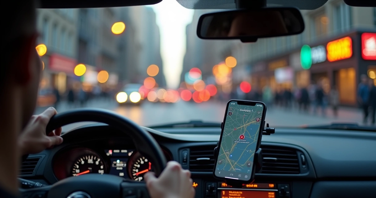 Motorista de aplicativo dirigindo com celular fixado no painel 