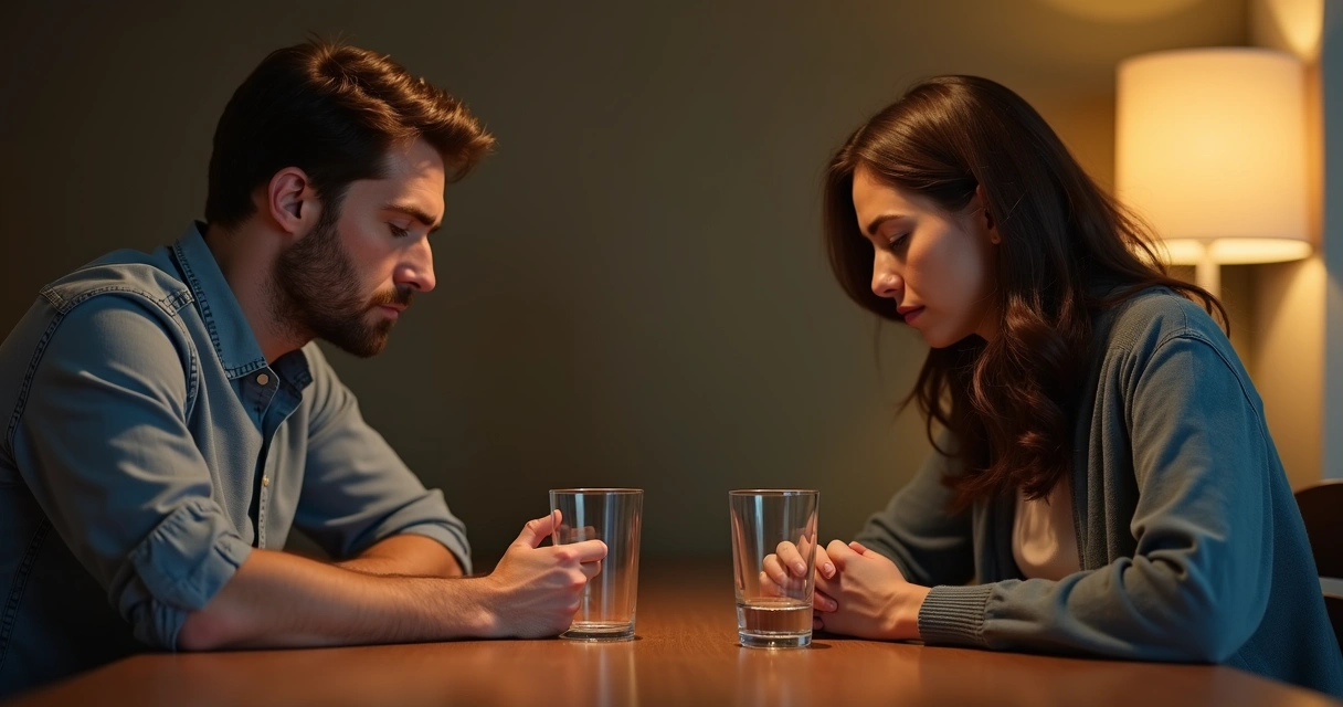 Duas pessoas conversando de lados opostos de uma mesa, com expressões sérias 