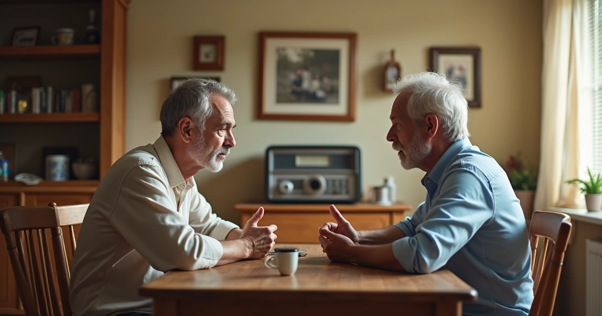 Pai e filho de diferentes gerações sentados à mesa conversando