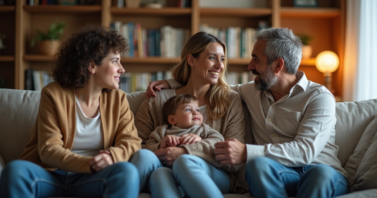 Pais e filho sentados em uma sala de estar conversando 