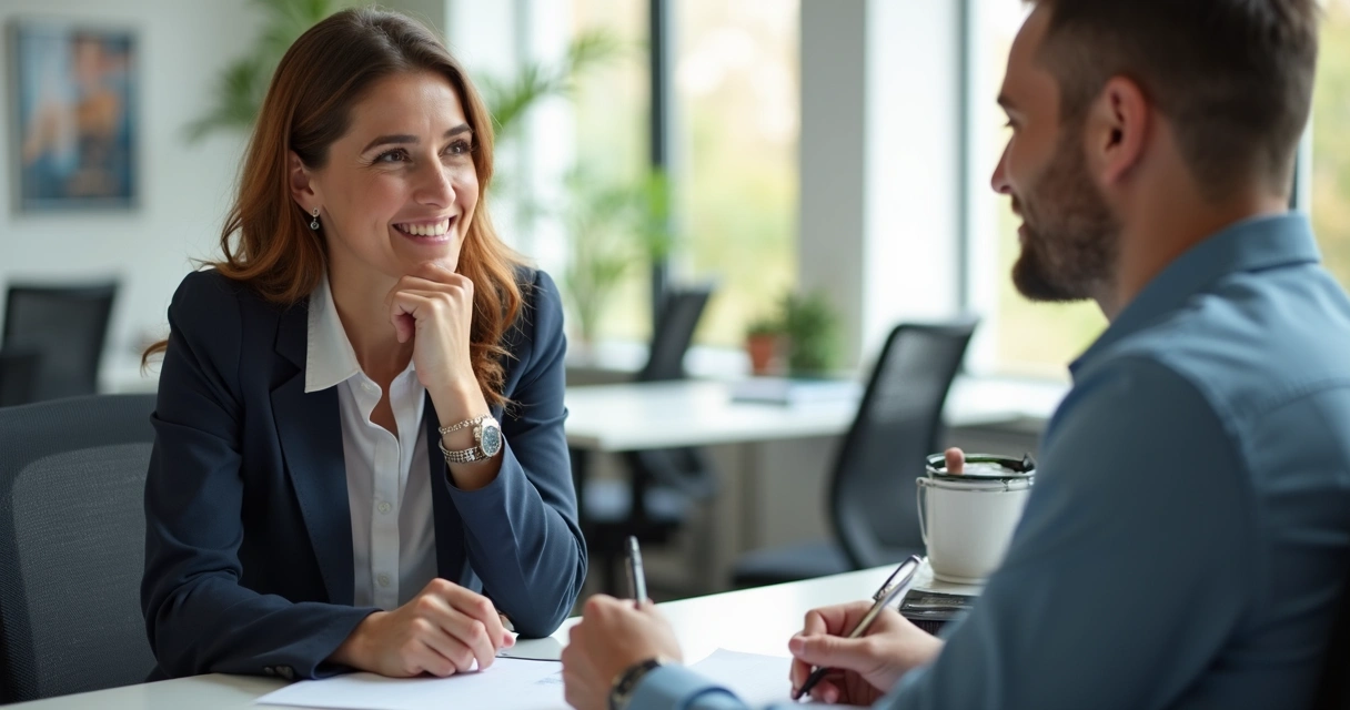 Profissional conversando com cliente de forma personalizada em ambiente corporativo 