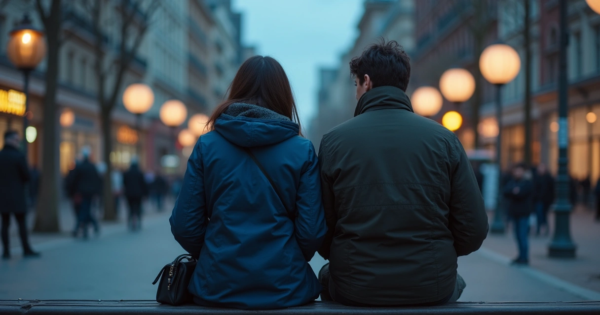Duas pessoas sentadas lado a lado em um banco, olhando em direções opostas 