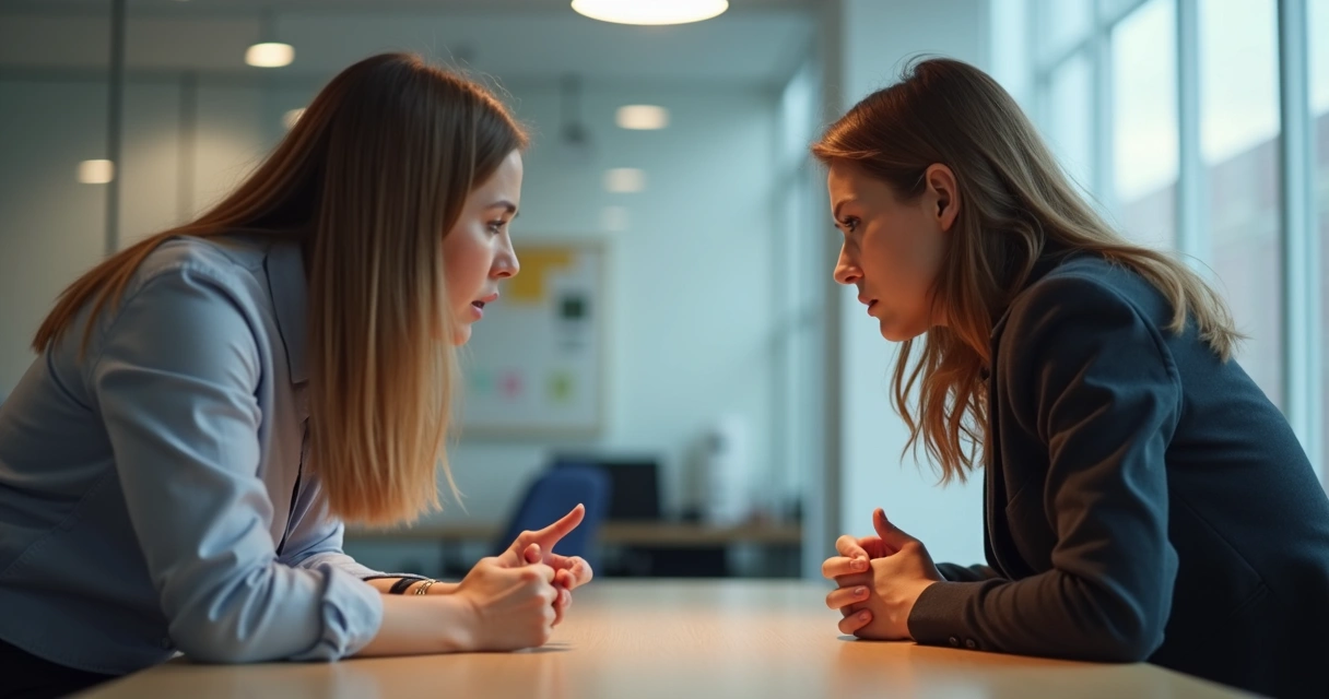 Duas pessoas conversando com expressão de cobrança