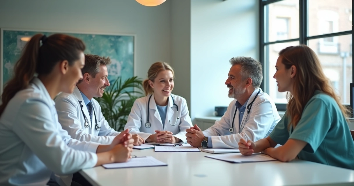 Profissionais de saúde de diferentes áreas em reunião em uma clínica