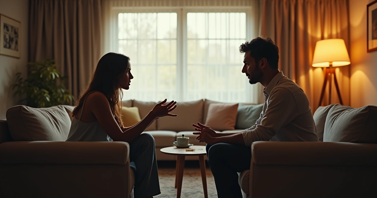 Duas pessoas conversando com expressão serena em uma sala aconchegante 