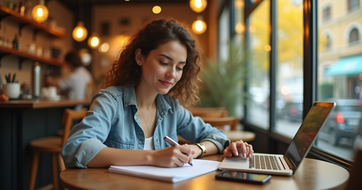 Mulher digitando em notebook em uma cafeteria, com anotações à mão e celular ao lado 