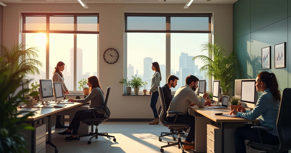 Ambiente de trabalho com luz natural e pessoas focadas nas tarefas