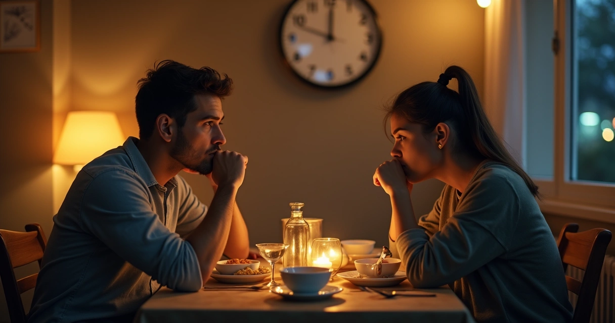 Casal sentado em silêncio durante uma refeição 