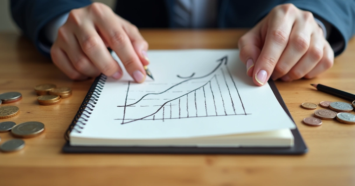 Mãos segurando caderno com gráfico de finanças sorridente 