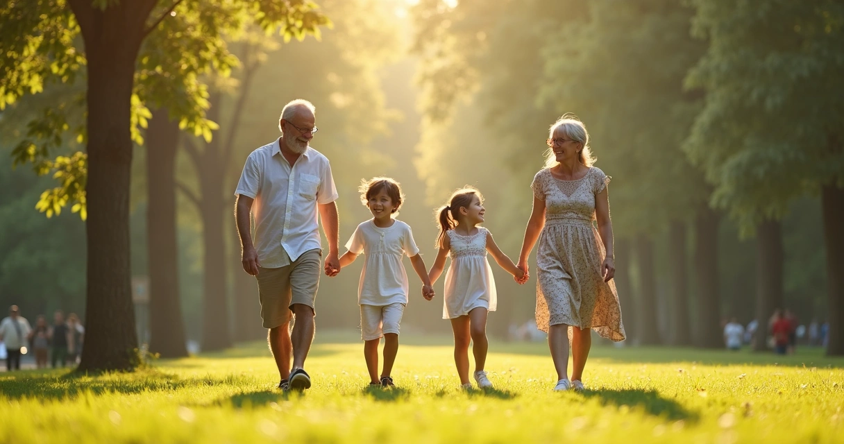 Família caminhando em parque, representando relações saudáveis