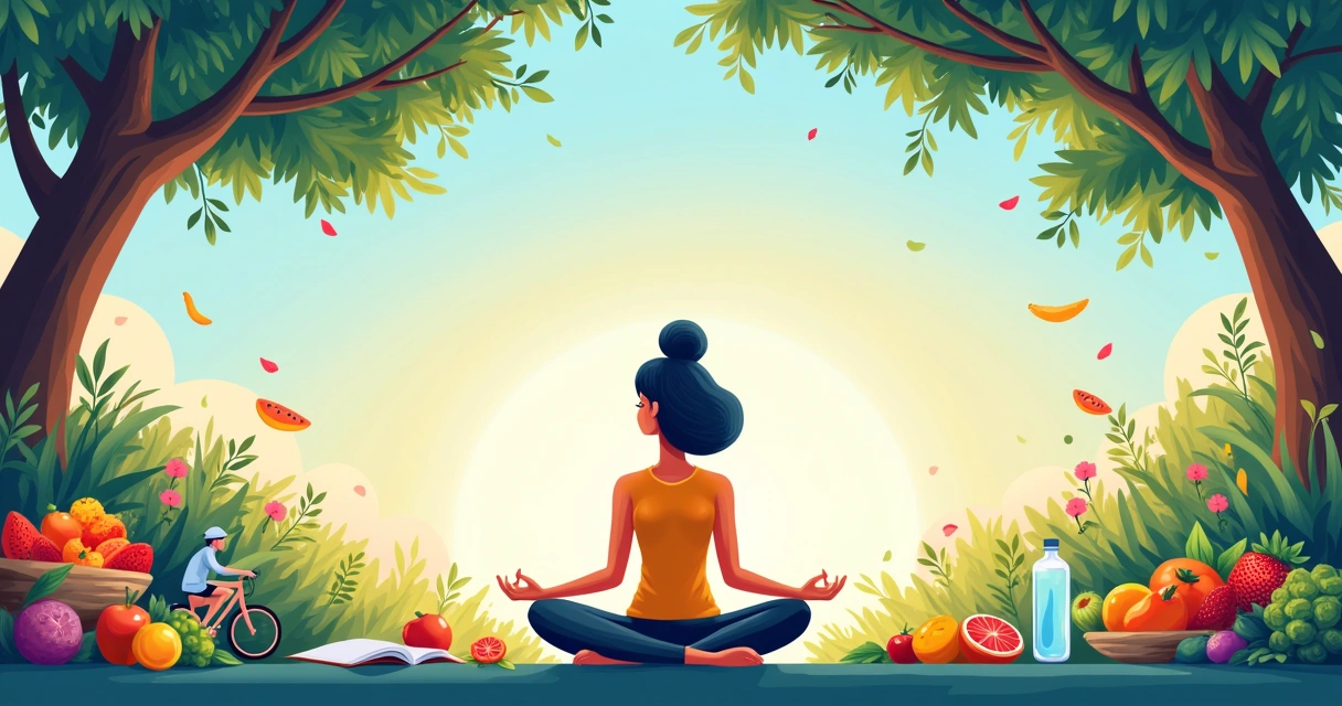 Representação da conexão entre saúde mental e hábitos saudáveis com meditação, comida saudável e atividades ao ar livre.