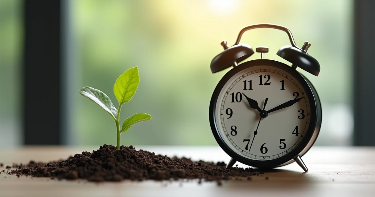 Relógio de ponteiros ao lado de uma planta crescendo em terra fértil 
