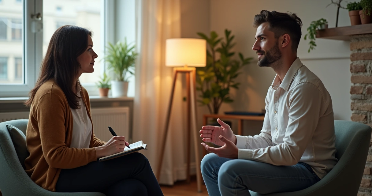 Psicóloga e paciente sentados conversando com expressão de empatia 