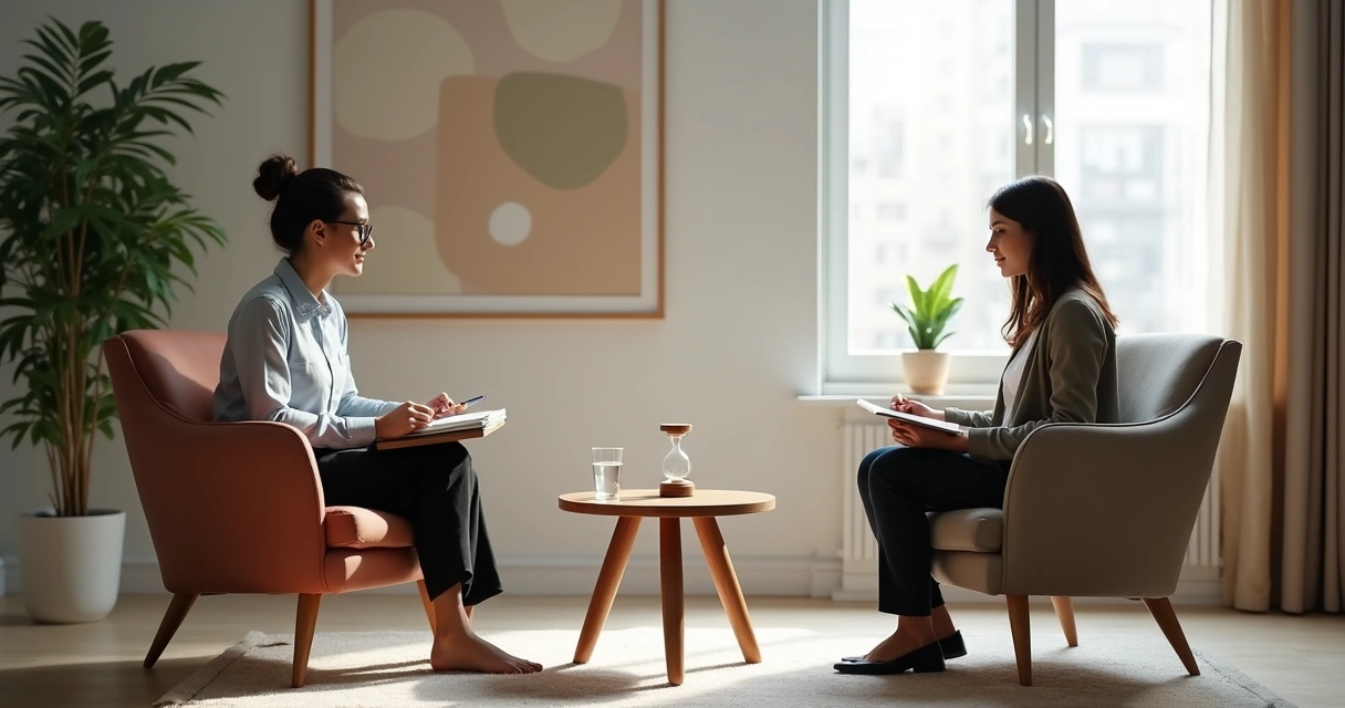 Terapeuta e paciente sentados em poltronas opostas com uma mesa pequena entre eles 