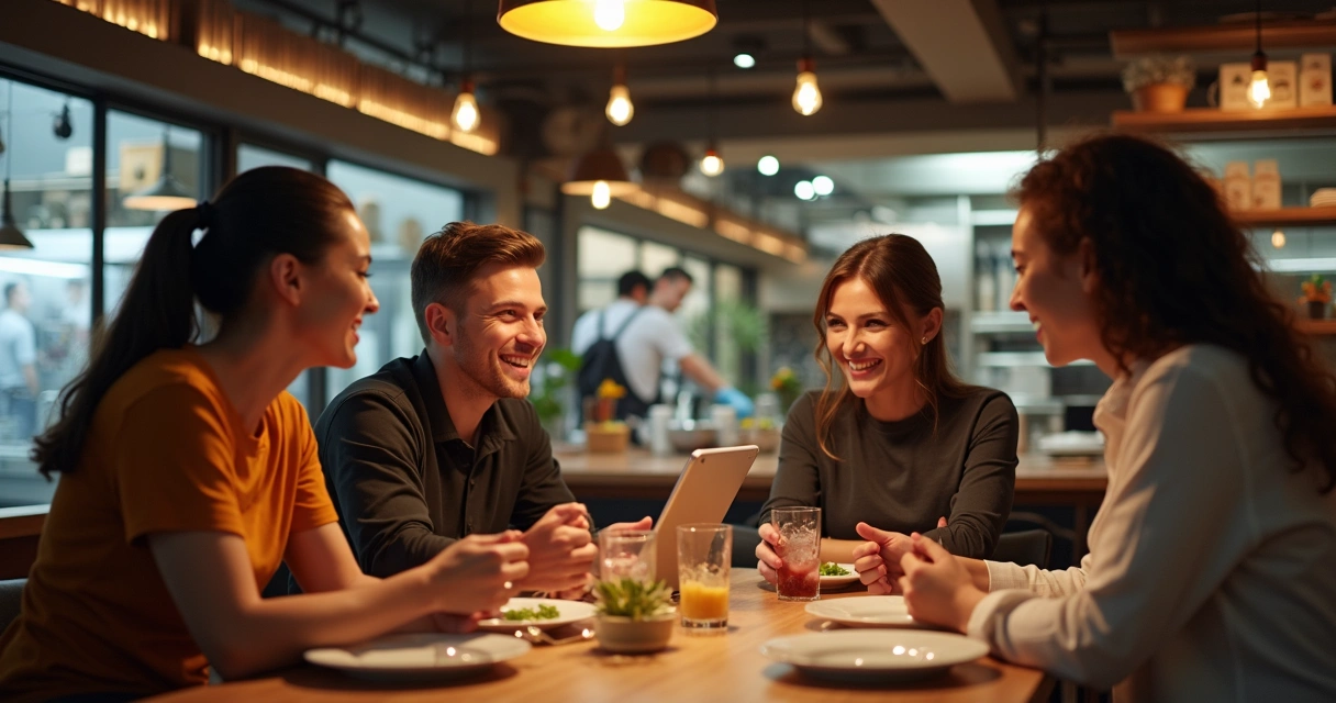Equipe de restaurante sorrindo com clientes na mesa
