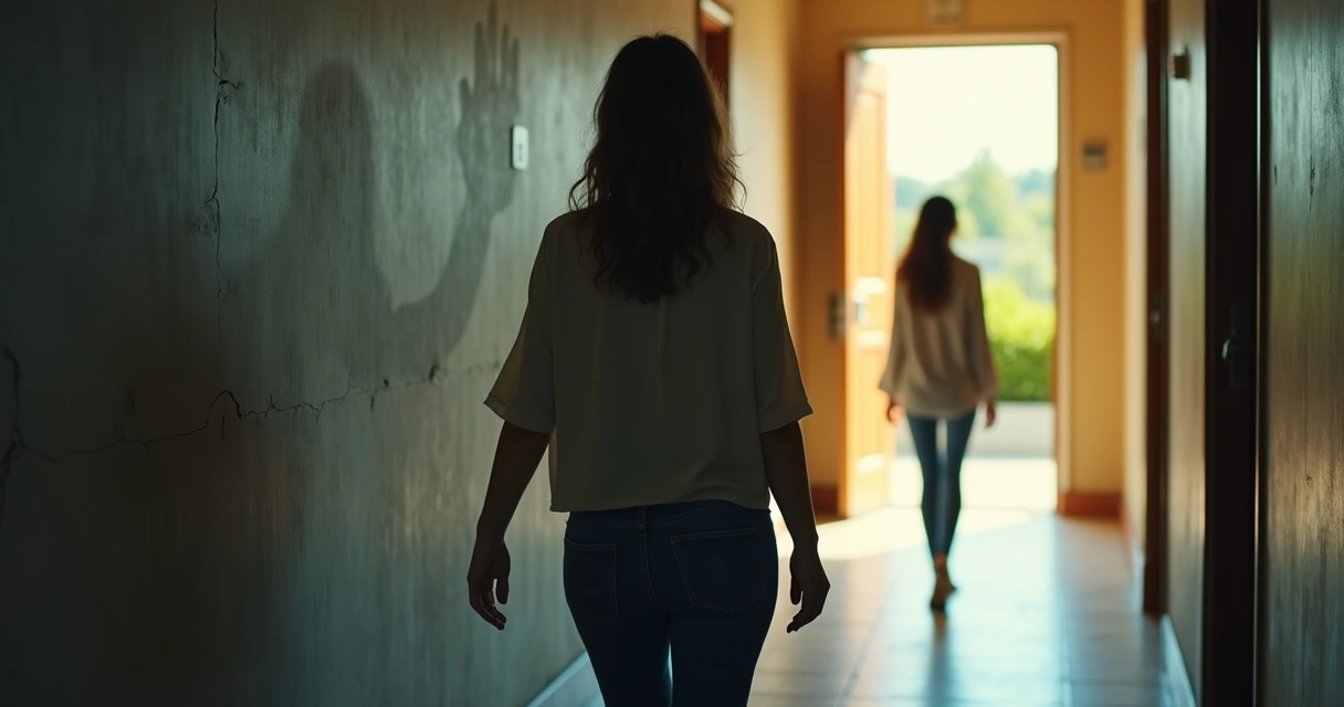 Mulher em pé se afastando de sombra masculina opressiva em corredor escuro em direção a uma porta iluminada 