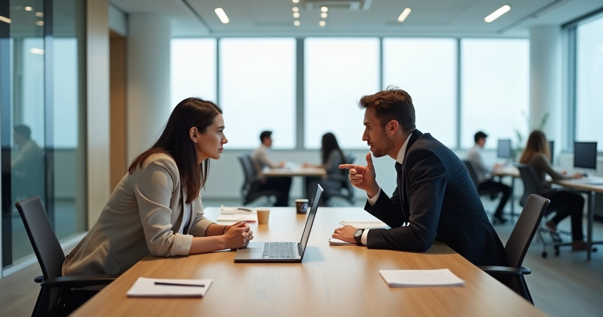 Dois colegas em mesa de reunião com clima tenso em escritório moderno 